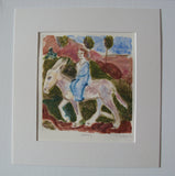 Stylised depiction of a person riding a donkey in a landscape setting, in a white mount