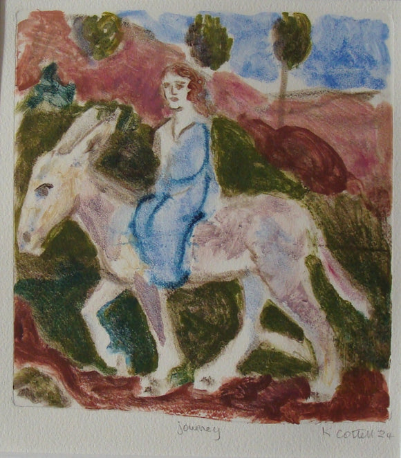 Stylised depiction of a person riding a donkey with a landscape in the background