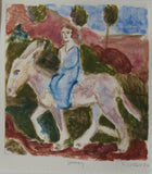 Stylised depiction of a person riding a donkey with a landscape in the background