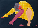 Pictured here: Gordy Livingstone's 'Life 6' is a collage on stretched fabric. Stylistic with incongruent colours, depicting a figure humped over there bent legs on the floor.