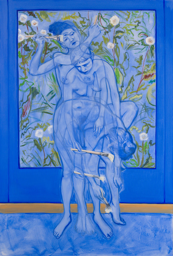 Mafalda Figueiredo's 'Between Painting and Not' is an oil painting of a figure in multiple poses. Layering poses one on top of the other, the artist suggests motion and, more profoundly, the back and forth between painter and subject, suspending the figure in time. The artwork is painted primarily in blue, giving the painting an other-worldly and dreamlike feel. 