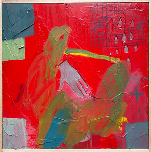 Sarah J. Stanley's 'Milk & Honey III'. From a series of oil paintings on board referencing the Bible verse Exodus 3:8. The palette is predominantly red with colours blue, yellow and green.