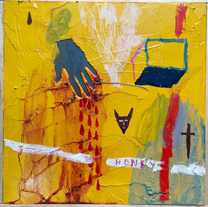 Sarah J. Stanley's 'Milk and Honey II'. From a series of oil paintings on board referencing the Bible verse Exodus 3:8. Palette is predominantly yellow with colours red, blue and green.