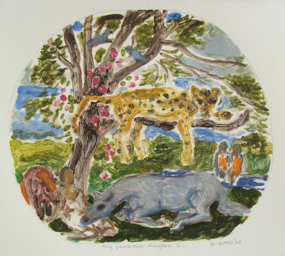 Stylised depiction of a leopard in a tree surrounded by flora, vegetal and birds. At the foot of the tree sits a figure with two horses lying down on either side of them.