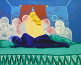 Mafalda Figueiredo's 'Night Whispers' an oil painting on canvas, depicting a laying woman with ghostly figures in the background. Colours include blue, green, yellow and sienna