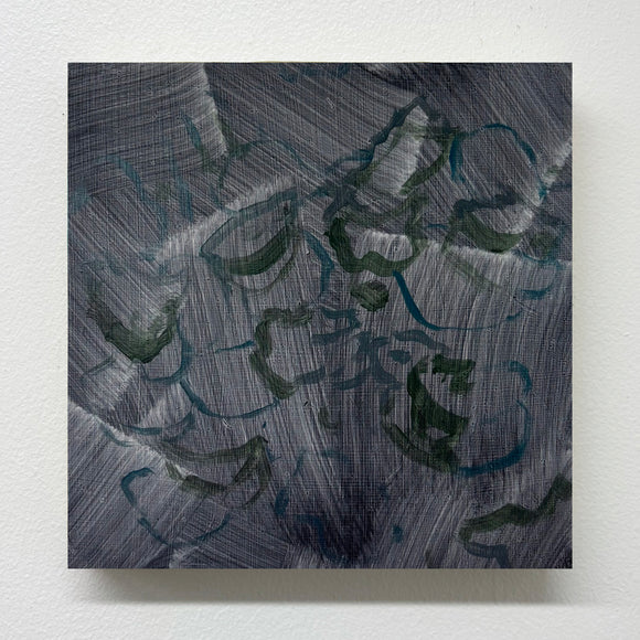 Large gestural brushstrokes combined with thinner abstract mark-making form this multi-layered painting on board. Colours include grey, green and blue. Photographed on a white wall. 