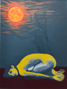 Mafalda Figueiredo's 'Simple reach for better movement (snail)' is an oil painting on stretched canvas, depicting a kneeling woman with her face on the ground and arms at her side. The woman's silhouette in the background is reaching up towards the blood moon in the top left of the painting. Colours include slate blue, maroon, yellow and orange