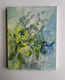 Abstracted painting of foliage on a board, mounted on a white wall. Colours include blue and green with touches of red and brown.
