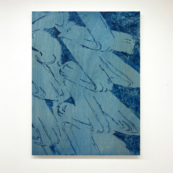 Abstract blue artwork on board, set against a white wall