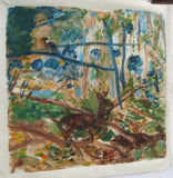 Artistic depiction of a forest scene with trees and animals on a textured surface.