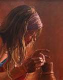 Andrew Sinclair's 'Terracotta Potter' is an oil painting depicting a potter at her wheel turning red clay