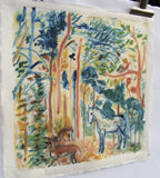 Colorful illustration of a forest scene with trees, deer, and a horse.