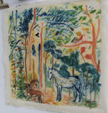 Colorful painting of a forest scene with animals on a white background