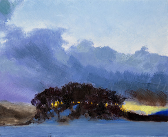 Andrew Sinclair's 'Tree Knoll' is an oil painting of a cluster of trees on the horizon