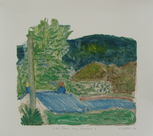 Stylised depiction of a landscape with trees and a building, signed 'K. Cottrell' at the bottom right corner.