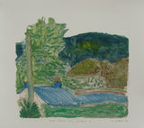 Stylised depiction of a landscape with trees and a building, signed 'K. Cottrell' at the bottom right corner.