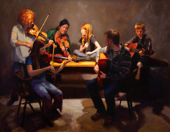 Andrew Sinclair's 'What Key' is an oil painting depicting a cross-generational group of Scottish folk musicians. Featuring guitars, fiddles and a penny whistle, the painting suggests an informal musical session. 