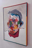 Gordy Livingstone 'What Way to Turn Now?' oil on canvas. Painting of abstracted face. Colours include blue, red, green, yellow and shades of white. Artwork comes framed. View from right side. 