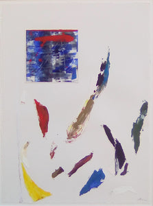 Patricia Paolozzi Cain 'Genere' mixed-media on paper. Abstract artwork containing colours of blue, yellow and red.