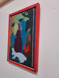 Gordy Livingstone Title: Where All The Wild Things Are Artist: Gordy Livingstone Medium: oil on wooden panel  Size: 24 cm x 15 cm. Photographed in a red, hand-made frame. View from the right hand side.