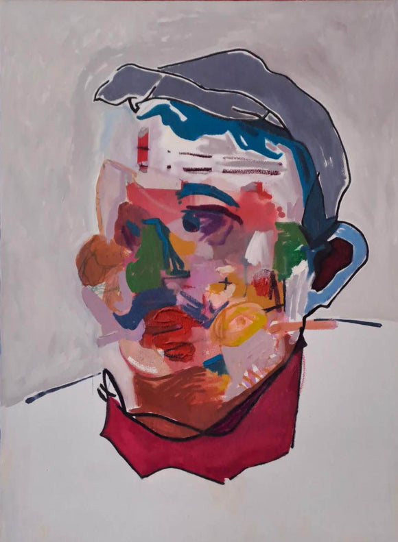 Gordy Livingstone 'What Way to Turn Now?' oil on canvas. Painting of abstracted face. Colours include blue, red, green, yellow and shades of white. Artwork comes framed.