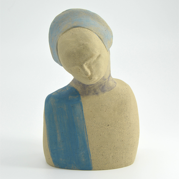 Title: Blue Sash Lady Artist: Sally Fitchard Medium: clay sculpture Size: 18 cm x 12 cm x 8 cm (FRONT)