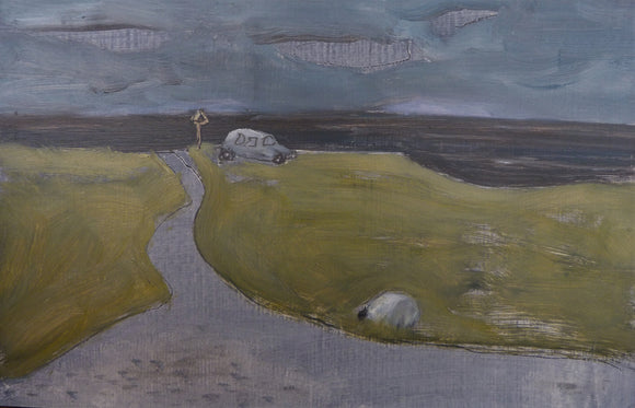 Title: Balevullin Winter Dusk Artist: Fiona MacRae Medium: Oil painting (unframed) Size: 16 cm x 24 cm  *comes mounted in off-white card. Size including mount: 30 cm x 35cm. Picture is painted in a naive style and depicts a Scottish coastal landscape with a sheep and car.