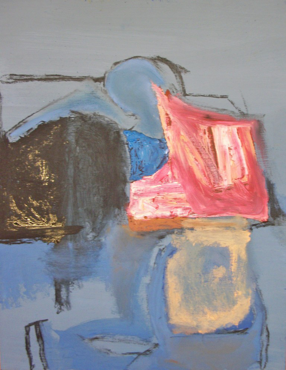 Patricia Paolozzi Cain 'Blue Hill' mixed media on paper. Abstract artwork containing blue and pink.