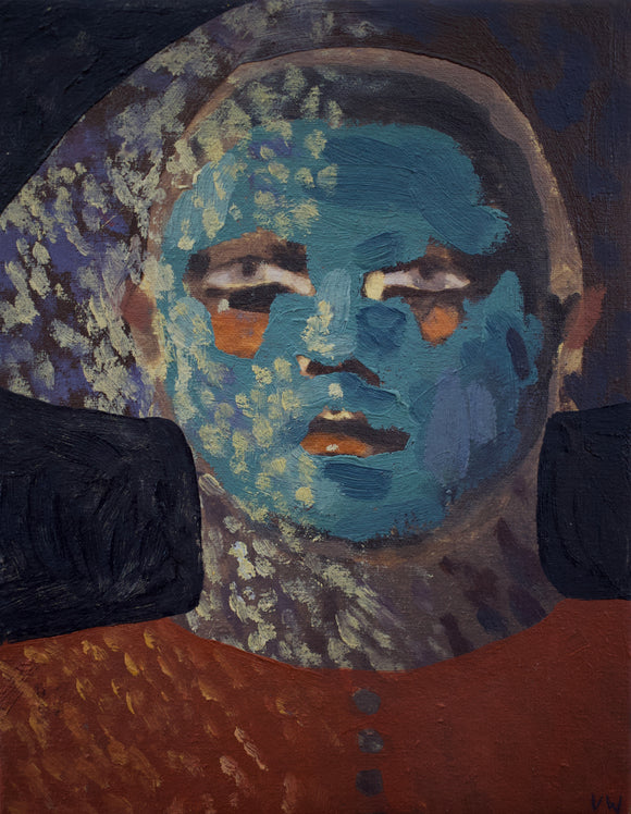 Emily Unsworth White's 'Blue Moon' is an oil painting on stretched linen over board. An abstracted portrait, the piece measures 19.5 cm x 25.5 cm. The colours include blue, red and dark purple