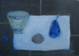 Fiona MacRae 'Blue Pear' an oil painting of an abstracted table-top assortment featuring a pear and porcelain bowl. Colours include various shades of blue