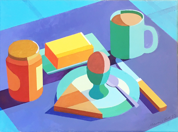 Marcus Bolt's 'Breakfast'. An acrylic painting on stretched canvas (unframed) containing multiple colours (purple, turquoise, orange, yellow etc). Measures 40 cm x 30 cm.