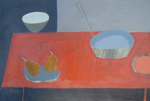 Fiona MacRae 'Burnt Orange Pear' an oil painting of an abstracted table-top assortment featuring pears and a frying pan. Colours include orange, blue and grey