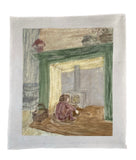 Lauren Bryden 'By the Fireplace', a painting on calico, depicting a child crouched by a wood-burning stove. 
