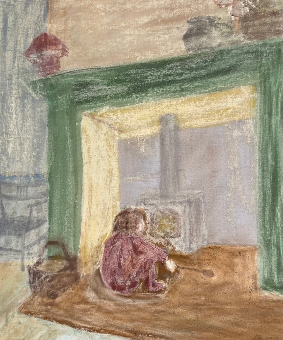 Lauren Bryden's 'By the Fireplace', a painting on calico, containing the colours green, maroon, brown, grey and beige. 