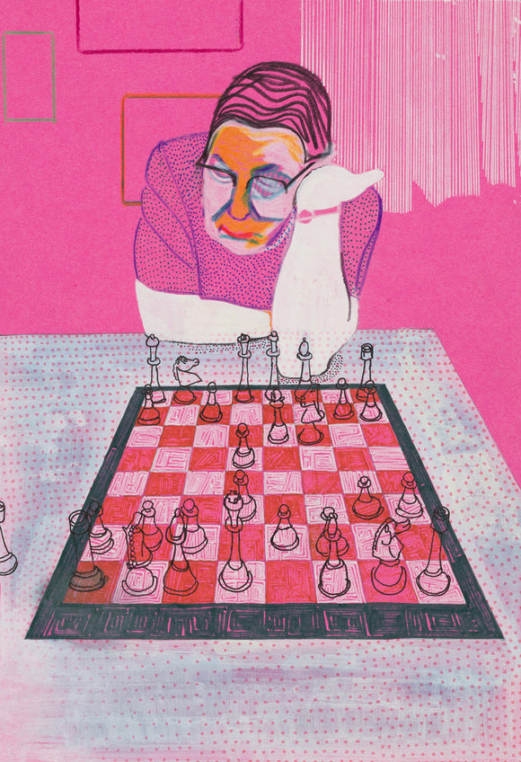 Title: Chess Artist: Greg Genestine-Charlton Medium: colour pencil, ink, acrylic on paper Size: 21cm x 14cm (unframed)