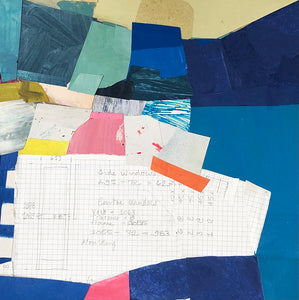 Sara Breinlinger's 'Cutting Through' a collage on board measuring 30 cm x 30 cm. Comprising painted and graph paper. Colours include blue, pink, yellow and green