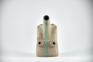 Title: Figure Vessel Artist: Sally Fitchard Medium: clay sculpture Size: 17.8 cm x 9.7 cm x 6.5 cm (front view). Colours comprise- natural, black, lichen green