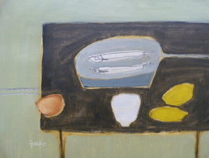 Fiona MacRae 'French Green Fish' an oil painting of an abstracted tabletop assortment, featuring a frying pan with fish and lemons. Colours include green, yellow and grey