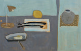 Fiona MacRae 'Fried Which Way' is an oil painting on paper of a table-top assortment featuring two mackerel fish, a frying pan with an egg, a table lamp and a stoneware vase. Colours include sap green, grey and ochre