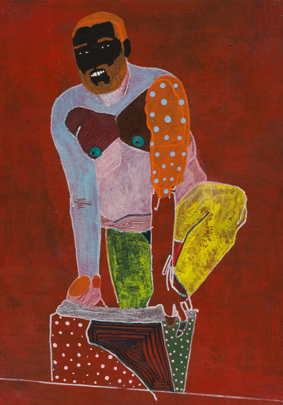 Title: Getting Dressed Artist: Greg Genestine-Charlton Medium: oil, goache on paper Size: 14cm x 10cm (unframed). Artwork depicts man in a state of undress. Colours comprise red, orange, yelllow and green