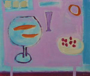 Title: Glass Fish Artist: Fiona MacRae Medium: Oil painting (unframed) Size: 23 cm x 27 cm *comes mounted in off-white card. Size including mount: 37 cm x 41 cm. Picture is painted in a naive style and multiple colours including pink, orange and blue, and depicts a table-top still-life of goldfish in a glass bowl alongside a trifle and other epicurean objects