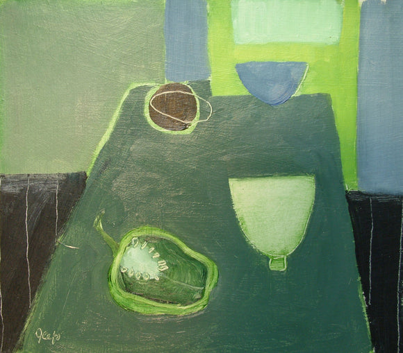 Fiona MacRae 'Green Pepper' an oil painting of an abstracted table-top assortment featuring a green pepper. Colours include various shades of green and grey