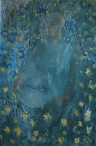Emily Unsworth White's 'Meditating in Buttercups' is a watercolour painting that depicts a man at night in a meadow of buttercups meditating. The artwork is predominantly blue in colour with yellow and green. Measures 20 cm x 30.5 cm 