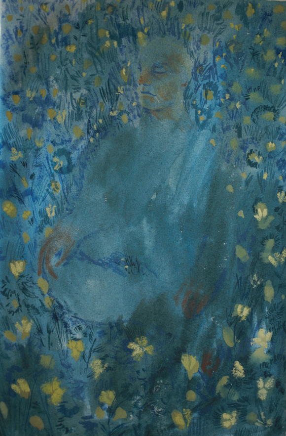 Emily Unsworth White's 'Meditating in Buttercups' is a watercolour painting that depicts a man at night in a meadow of buttercups meditating. The artwork is predominantly blue in colour with yellow and green. Measures 20 cm x 30.5 cm 
