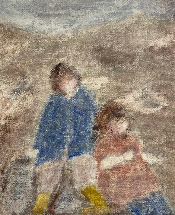 Lauren Bryden 'In the Quarry' a painting on raw canvas, depicting too childlike figures. Colours include umbers, blues, reds and ochres.