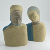 Title: Blue Sash Lady & Lady Gray DUO Artist: Sally Fitchard Medium: clay sculpture Size: 18 cm x 12 cm x 8 cm (Blue Sash Lady), 19 cm x 12 cm x 8.5 cm (Lady Gray)