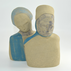 Title: Blue Sash Lady & Lady Gray DUO Artist: Sally Fitchard Medium: clay sculpture Size: 18 cm x 12 cm x 8 cm (Blue Sash Lady), 19 cm x 12 cm x 8.5 cm (Lady Gray) II
