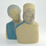 Title: Blue Sash Lady & Lady Gray DUO Artist: Sally Fitchard Medium: clay sculpture Size: 18 cm x 12 cm x 8 cm (Blue Sash Lady), 19 cm x 12 cm x 8.5 cm (Lady Gray) II