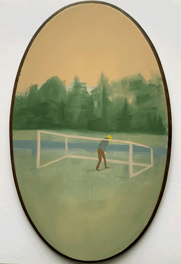 Title: Goal Post Artist: Laura McMorrow Medium: oil on stretched linen in thin oval frame Size: 35.5cm x 22cm