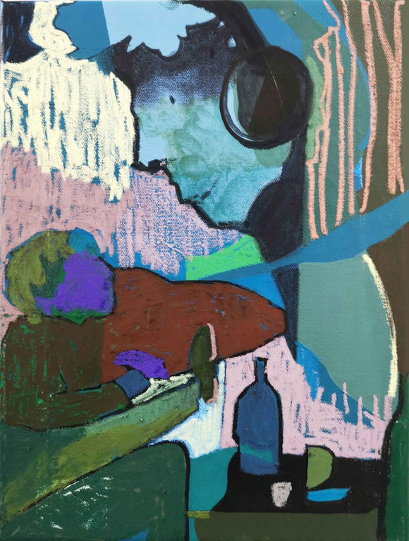 Gordy Livingstone's 'Let It All Go' oil and acrylic on canvas. The painting contains multiple colours (blue, purple and green) and measures 40 cm x 30 cm